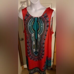 Sleeveless Red and Teal Patterned Women's Top